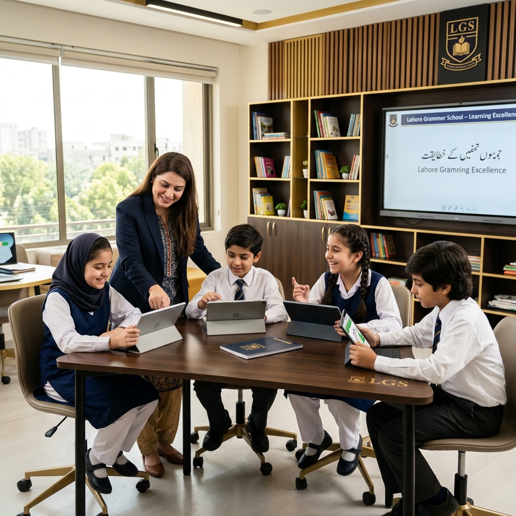 Al Nibras Education System in action — students with tablets in Lahore classroom