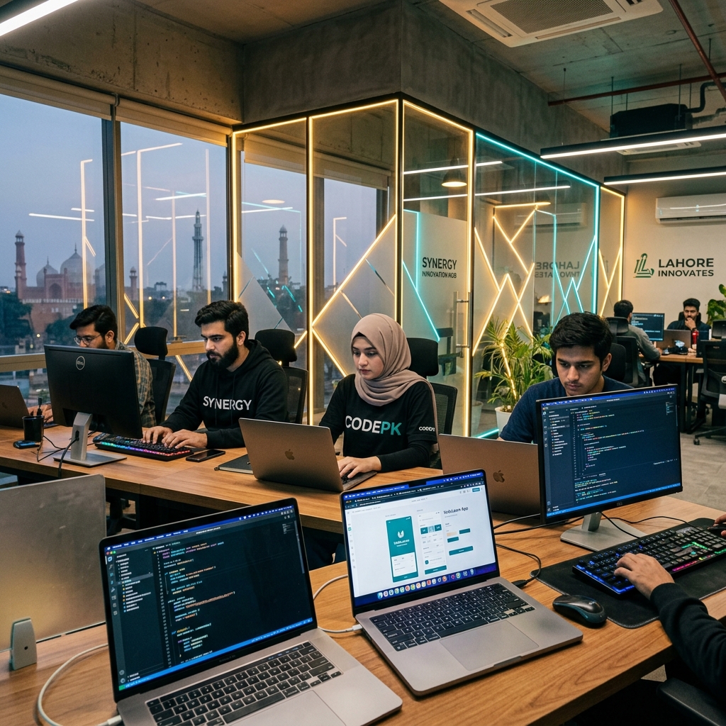 Al Nibras Student Operators coding in premium high-tech workspace in Lahore
